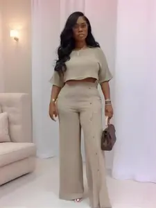Spring Summer Casual Everyday Set, Matching European Style Solid Color Short Sleeve Top Wide Leg Pants Two-Piece, Suitable for Commuting and Leisure Womenswear