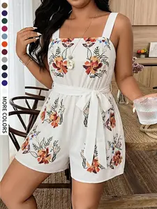 Plus Size Women's Bohemian Sleeveless Floral Printed Romper, Summer Casual Short High Waist Belted Jumpsuit, Beach Vacation, Perfect for Holidays