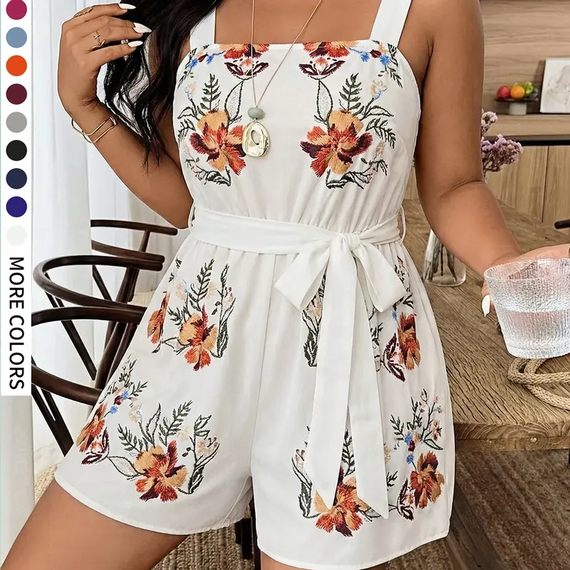 Plus Size Women's Bohemian Boho Aesthetic Sleeveless Floral Printed Flower Print Romper, Summer Casual Fit Short High Waist Belted Jumpsuit, Beach Vacation, Perfect for Holidays, Plus Size Overalls