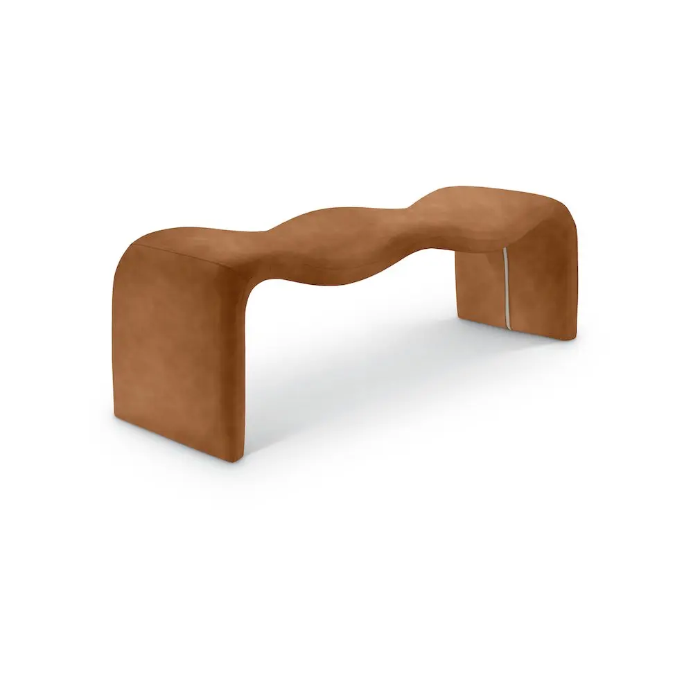 Willow Cognac Buttery Soft Vegan Leather Single Seat Bench, Metal Frame, for Contemporary Home Decor