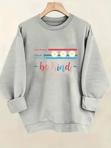 Plus Size, Women's Plus Size Oversized Crewneck Sweatshirt - Be Kind Inspirational Graphic with RedBlueWhite Stripes - Soft Everyday Casual Pullover for Women - Machine Washable Loose Fit Top, Ladies Sweatshirts
