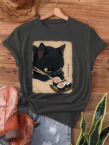 Kawaii Cat Eating Sushi print t-shirt, short sleeve crew neck casual top for summer & spring, Women's clothing