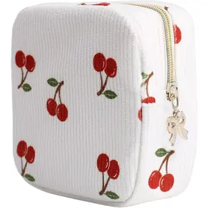 Period Bag for Women, Portable Corduroy Sanitary Napkin Storage Bag Cherry Period Pouch with Zipper, Sanitary Pads Bag Tampons Holder for Purse, First Period