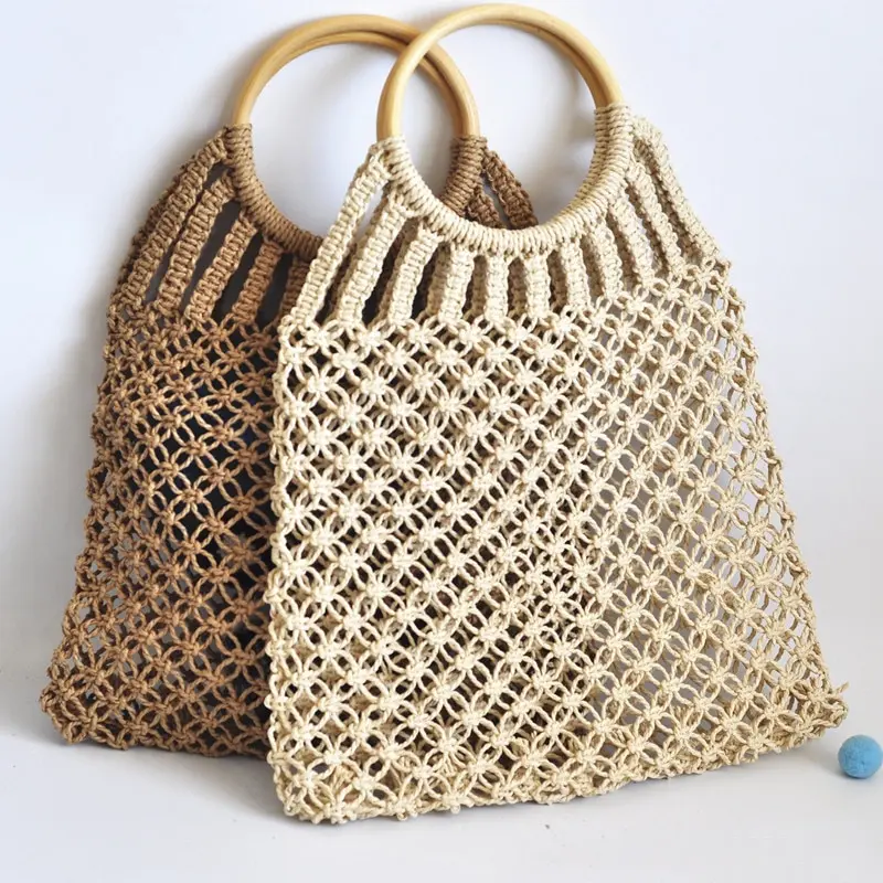 Women's Hand-Knitted Hollow Cotton Rope Handbag with Round Wooden Ring Rattan Handle, Net Pocket Shopping Bag for Holiday Beach Use to Carry Items, Shopping Bags