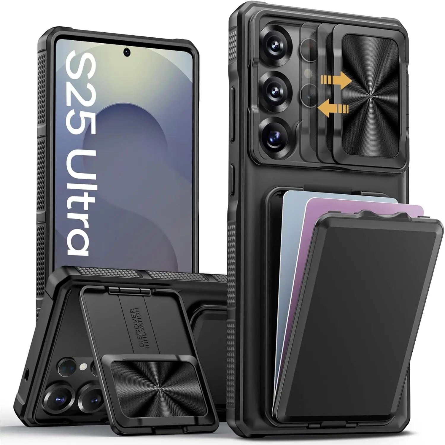 F-PCS39 Adjustable Foldable Card Slots Case for Samsung Galaxy S25 Ultra 5G 2025 - Polycarbonate Rugged Heavy Duty Cover with Dual Rail Sliding Camera Lens, Handheld Card Holder, Kickstand, Silicone Edge Protection, Secure Buttons, Black