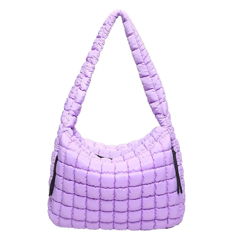 Clarissa Women's Cloud Haven Quilted Puffer Shoulder Tote Bag - Elegant, Lightweight Nylon, Roomy, Multi-Zipped Pockets - for Casual Wear, Evening Occasions - Lilac Fashion Women's Shoulder Bag, Nylon Shoulder Bag, Puffy Bag Style