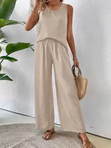 Two French fashion clothes set Casual plain color women's sleeveless vests, loose and slimming wide leg pants set suitable for summer, suitable for daily coffee shop check-in, beach vacation, city short distance travel, home leisure
