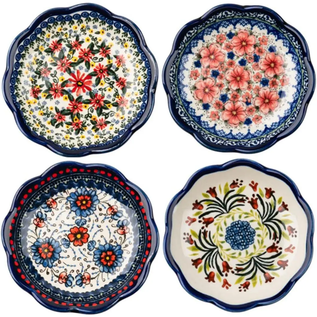 Sturdy 4-Inch Porcelain Appetizer Plates (4pcs) - Snack Plates, Sauce Dipping Saucers with Exotic Flower Pattern