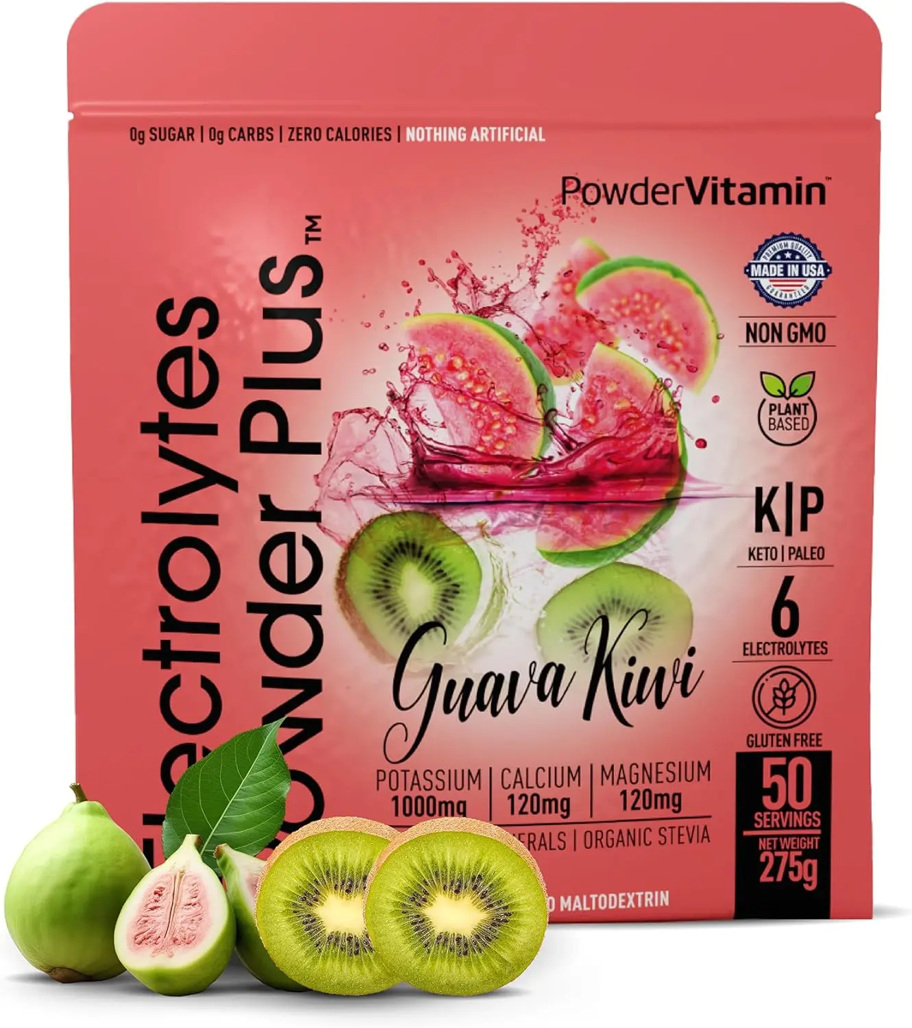 Electrolytes Powder Plus (50 Servings) Guava Kiwi Electrolyte Powder Zero Calorie Keto, 0 Sugar, No Maltodextrin,1000mg Potassium,120mg Calcium,120mg Magnesium, Hydration Powder
