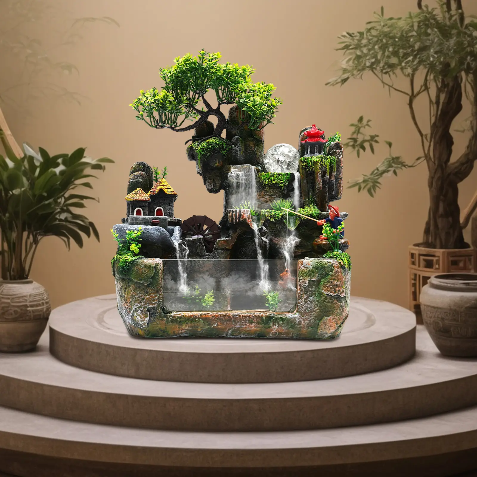 Resin Tree Statue Desktop Fountain - Corded LED Lights Waterfall Decoration, 11.8x7.87x14.9in/30x20x38cm with Atomizer Mist, Modern Home Decor, Living Room Ornament for Relaxation & Gifting to Colleagues, Statues, Indoors, 30*20*38Cm