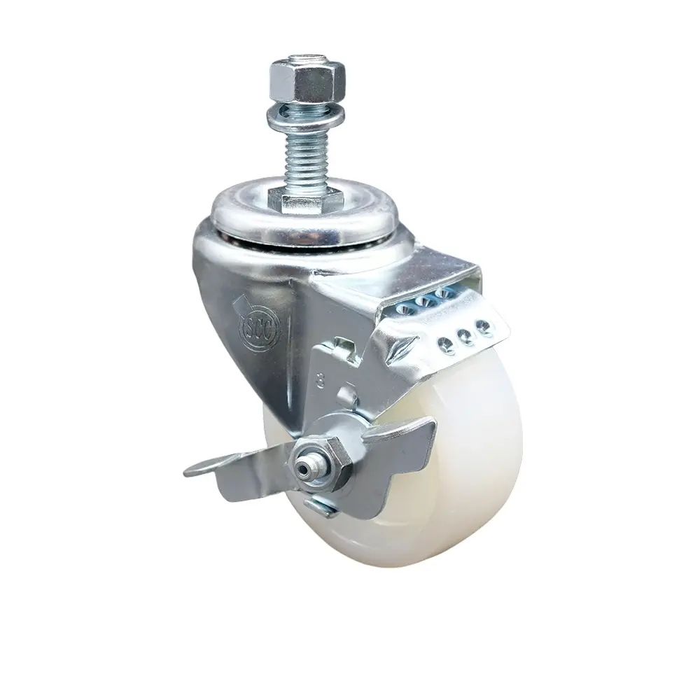 Service Caster SCC-TS20S314-NYS-TLB-M1215 Swivel Type Nylon Threaded Stem Caster with Top Locking Brake Capab., 3" Dia 1-1/4" W White Nylon Wheel, 12 mm Stem, 300 lbs Capacity, Low Rolling Resistance, Chemical Res., Cart Support