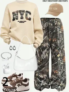 Women's Casual Loose Fit Two-Piece Set, Letter Print Hoodie Sweatshirt and Tree Pattern Pants, Fall Winter, Regular Length, Stylish and Comfortable