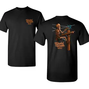 Skeleton Lineman Shirt with Colorful Power Pole Scene, 2 Sides Bold Graphic Tee, Soft Cotton Blend Shirt, Vintage Workwear Gift for Electrical Crews and Utility Workers