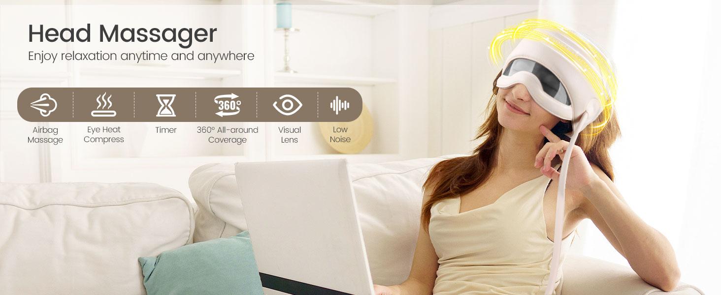 Electric Head Massager for Headaches, Eye Massager with 6-Level Heat, 6-Zone Kneading Temple Massager & Migraine Massager, Rechargeable Head and Eye Massage for Stress Relax