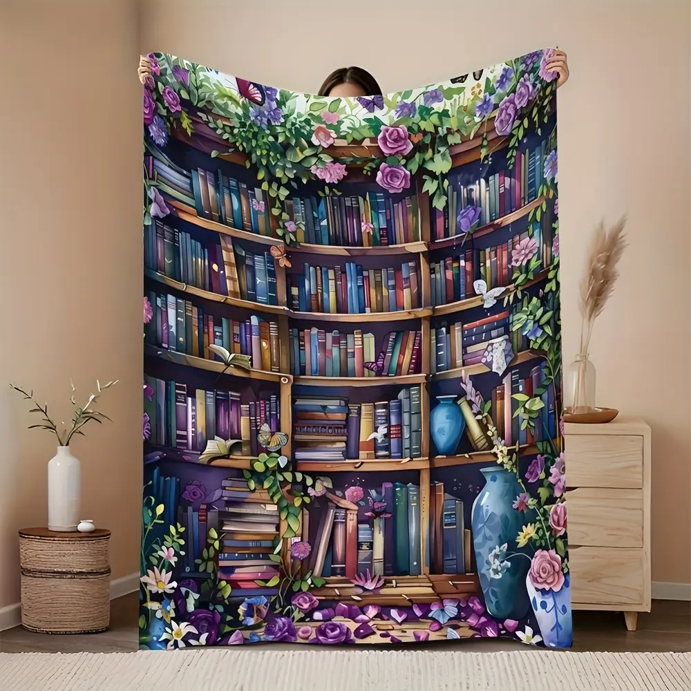 1pc Ultra-Soft Flannel Blanket - Library Bookshelf Print with Purple/Pink Floral Accents - All-Season Warmth for Sofa, Bed, Camping - Ideal Gift for Book Lovers & Home Decor
