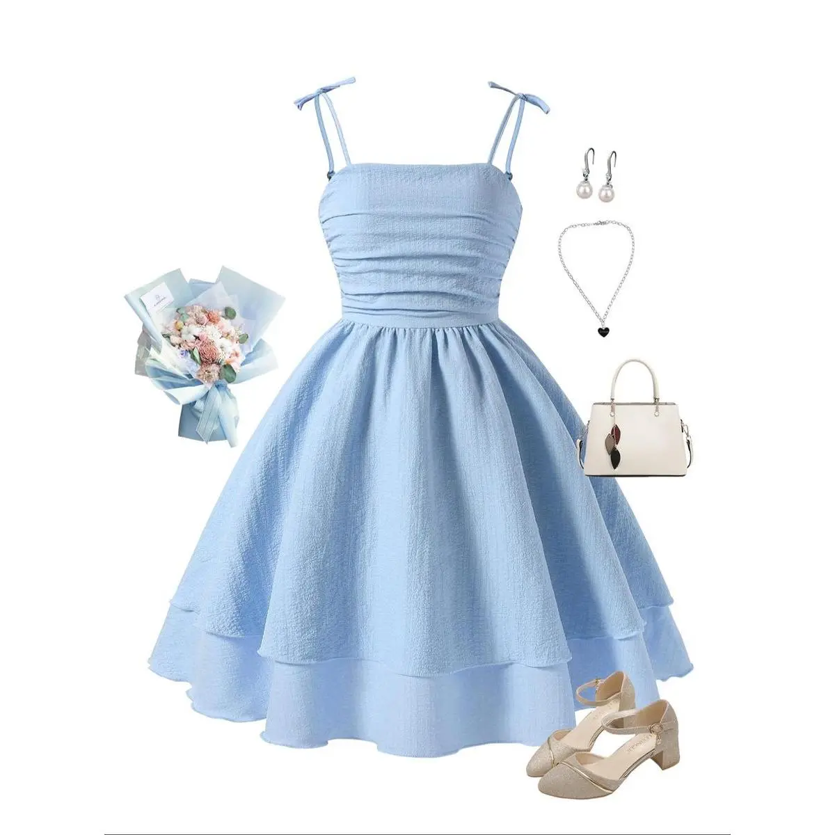 Girls' Cute Sweet Elegant Multi-Layer Hem Spaghetti Strap Ruffle Hem Dress, Summer Woven Fabric, Fitted Style, Perfect for Daily Wear & Parties