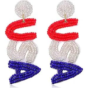 American Flag Beaded 4th of July Patriotic Earrings for Women Handmade USA Windmill Star Heart Drop Dangle Earrings Independence Day Jewelry Gifts
