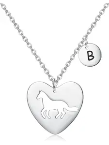 1 Pcs Horse Necklace for Women, Heart Initial Horse Necklace Stainless Steel Horse Gifts for Women Horse Pendant Letter Necklace Women Horse Jewelry Gift for Women Horse Lovers, Heart Design Necklace