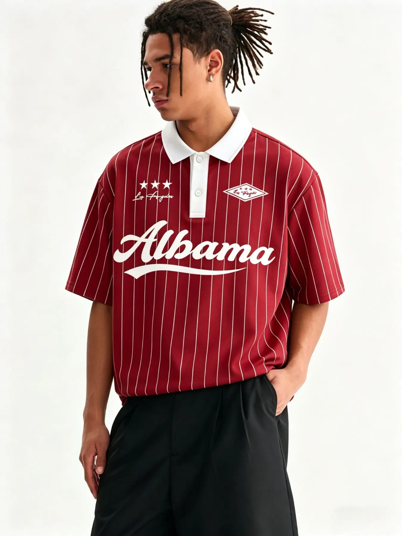 Men's Alabama Pinstripe Baseball Jersey Polo Shirt, Red & White Retro Varsity Casual Streetwear Oversized Short Sleeve Top, Casual Sporty Top
