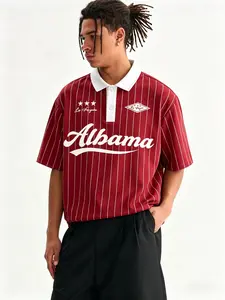 Men's Alabama Pinstripe Baseball Jersey Polo Shirt, Red & White Retro Varsity Casual Streetwear Oversized Short Sleeve Top, Casual Sporty Top