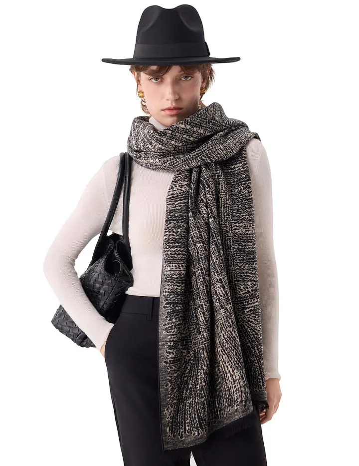 Cloud Stairs Black Silk Scarf – 100% Mulberry Silk, Jacquard Reversible, 71"x24"