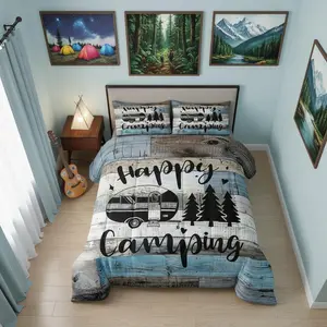 Trailers Camper Decorations Comforter Set,Happy Camping Kids Boys Girls Teens Juvenile,Blue Gray Barn Door Duvet Set