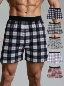 Men's Boxer Briefs 5-Pack, Soft Elastic Quick-Dry Breathable Plaid Print Underwear, Casual Fitted Long Leg Comfort Fit Underwear Boxers