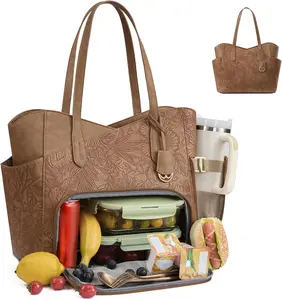 LOVEVOOK Lunch Bag for Women,2 in 1 PU Work Tote Bag with Lunch Compartment with Giant Tumbler Side Pocket, 15.6" Laptop Tote Bag with Padded Sleeve for Teacher,Nurse,College