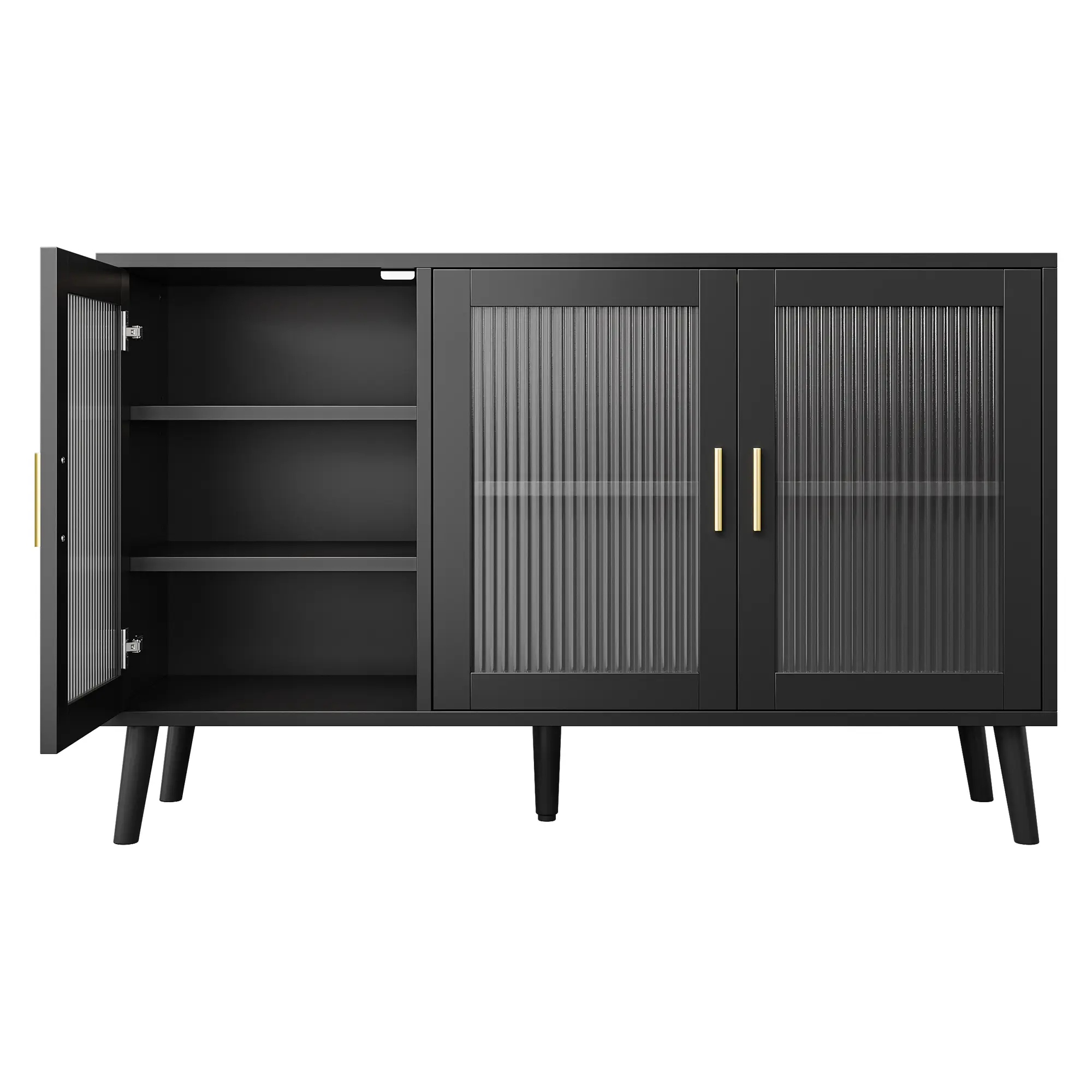 Minimalist Black Fluted Glass Sideboard - Adjustable Shelves, 300lbs Heavy-Duty Storage Cabinet, Luxury Dining Credenza, Coffee Station Console Table TV Stand for Living Room Kitchen