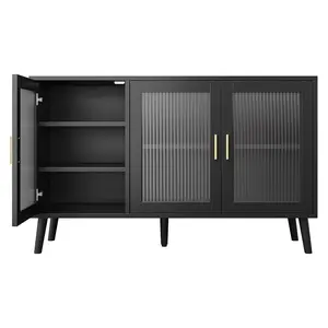 Modern Fluted Glass Sideboard Black Buffet Cabinet With Adjustable Shelves Luxury Dining Credenza Table 300lbs Heavy Duty Storage Cabinet Coffee Station Console Table TV Stand For Living Room Kitchen Entryway Furniture