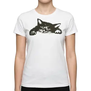Cute Sleeping Black Cat Graphic T-Shirt Sweet Kawaii Kitty Printed White Tee Trendy Aesthetic Y2K Summer Casual Wear Comfy Everyday Basic Top Pet Lover Animal Shirt Viral Cozy Graphic Tee Women Men