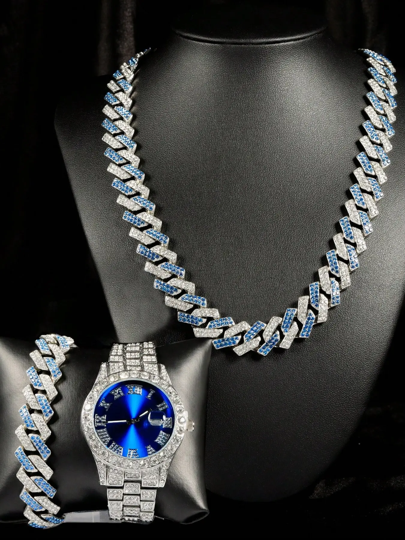 Men's Hip-Hop Cuban Chain Watch Set, Blue- Block Full Rhinestone, European-American Street Style Jewelry Accessories