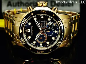Invicta Men 48mm Pro Diver SCUBA Chronograph Black Dial 18k Gold Plated Stainless Steel Watch
