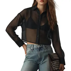 Womens Sheer Mesh Crop Tops Long Sleeve Button Up See Through Going Out Blouse