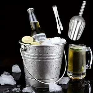 3-Piece Ice Bucket Set with Handle, Durable Stainless Steel, Includes Ice Tongs and Scoop, Commercial-Grade Beverage Cooler