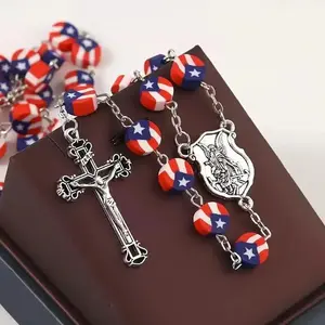 Puerto Rico flag bead Independence Day cross necklace prayer baptism rose necklace meaningful faith design culture for teenagers