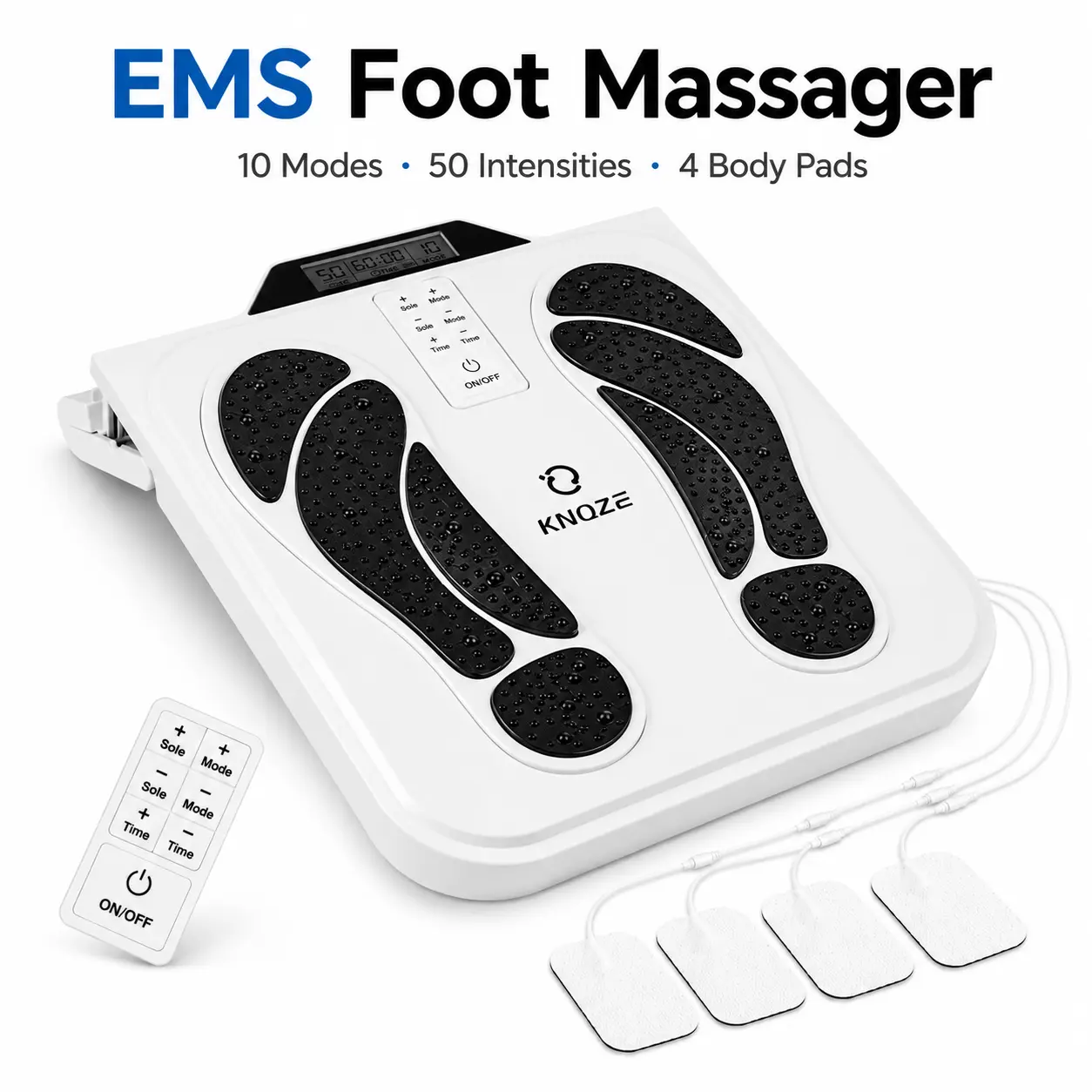 KNQZE EMS Foot Massager, TENS Foot Stimulator with Remote, 10 Modes 50 Intensities, 4 Body Pads, Rechargeable Foot & Body Massage Mat for Tired Feet and Home Relaxation setting power