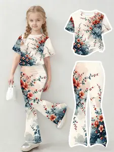 Girls Holiday Casual T-Shirt Flared Pants Kids Holiday Travel Outfit