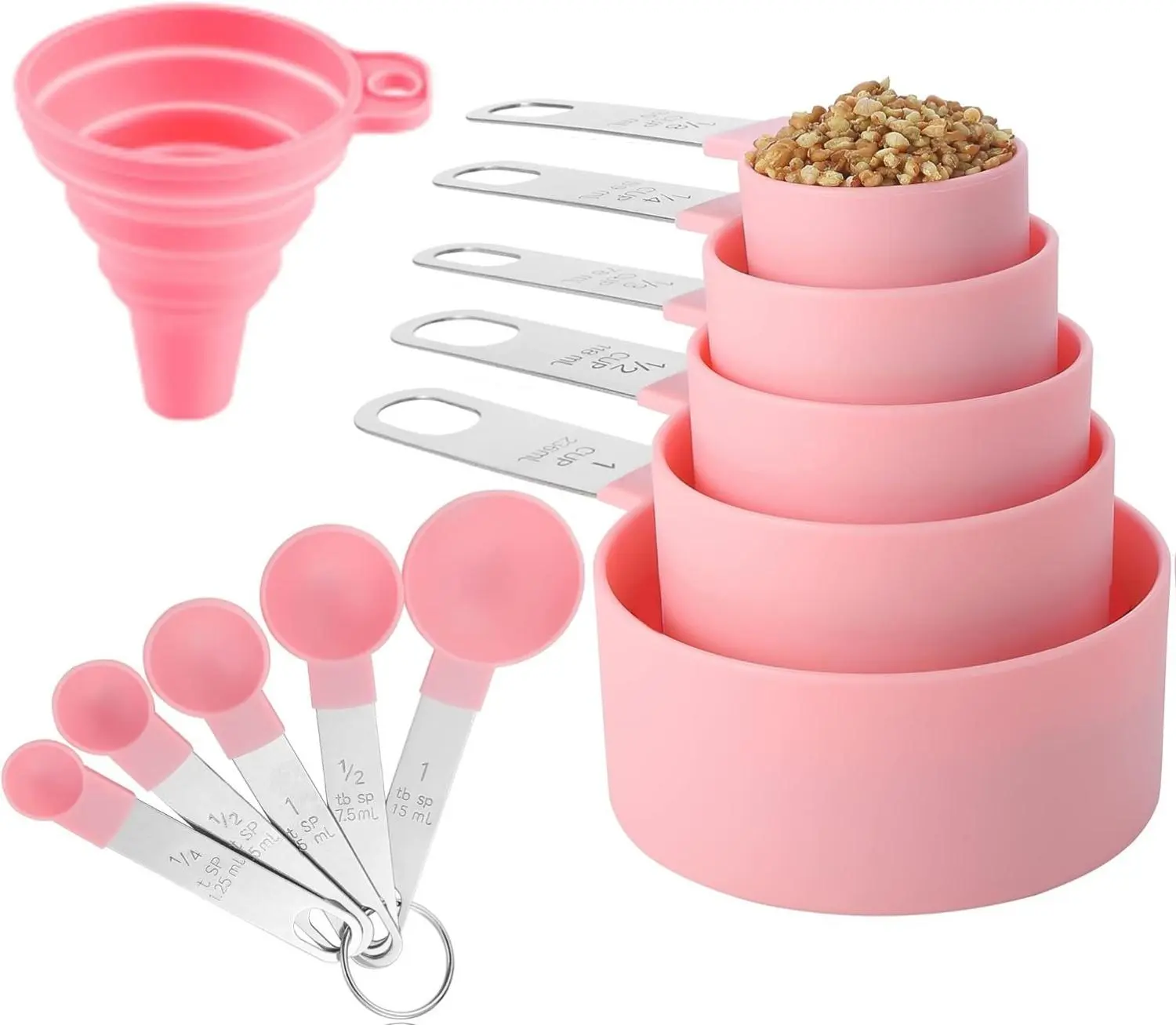 Kitchen Gadget Measuring Cups and Spoons Set of 10 Pieces Stackable Stainless Steel Handle for Dry & Liquid Ingredients Pink