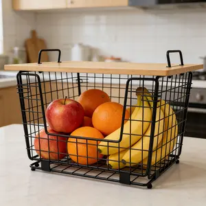 Collapsible and stackable wire storage basket (black)—ideal for pantry organization and kitchen storage; suitable for use as a potato and onion bin or a countertop fruit and vegetable basket.