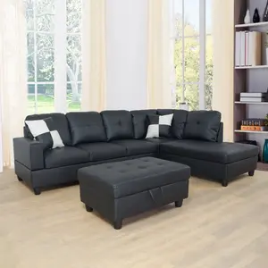 DOMETOUR Faux Leather Sofa Set For Living Room, Sectional Couches L Shaped Couch Living Room Furniture, Modular Sectional Sofa Set with Storage Ottoman for Apartment, 3-Piece Sofa Black