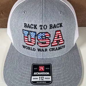 Richardson USA 112 Back to Back World War Champs Adjustable Hat Gray White with USA Flag Design