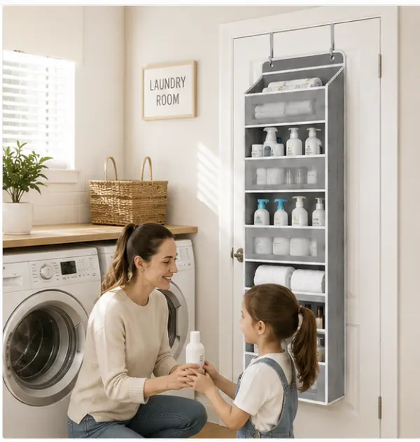 Hangable Durable 5-Layer Storage Rack Organiser with 5  , Kitchen Clearance Gadget for Bathroom and Bedroom Door Overhead Storage large side pocket