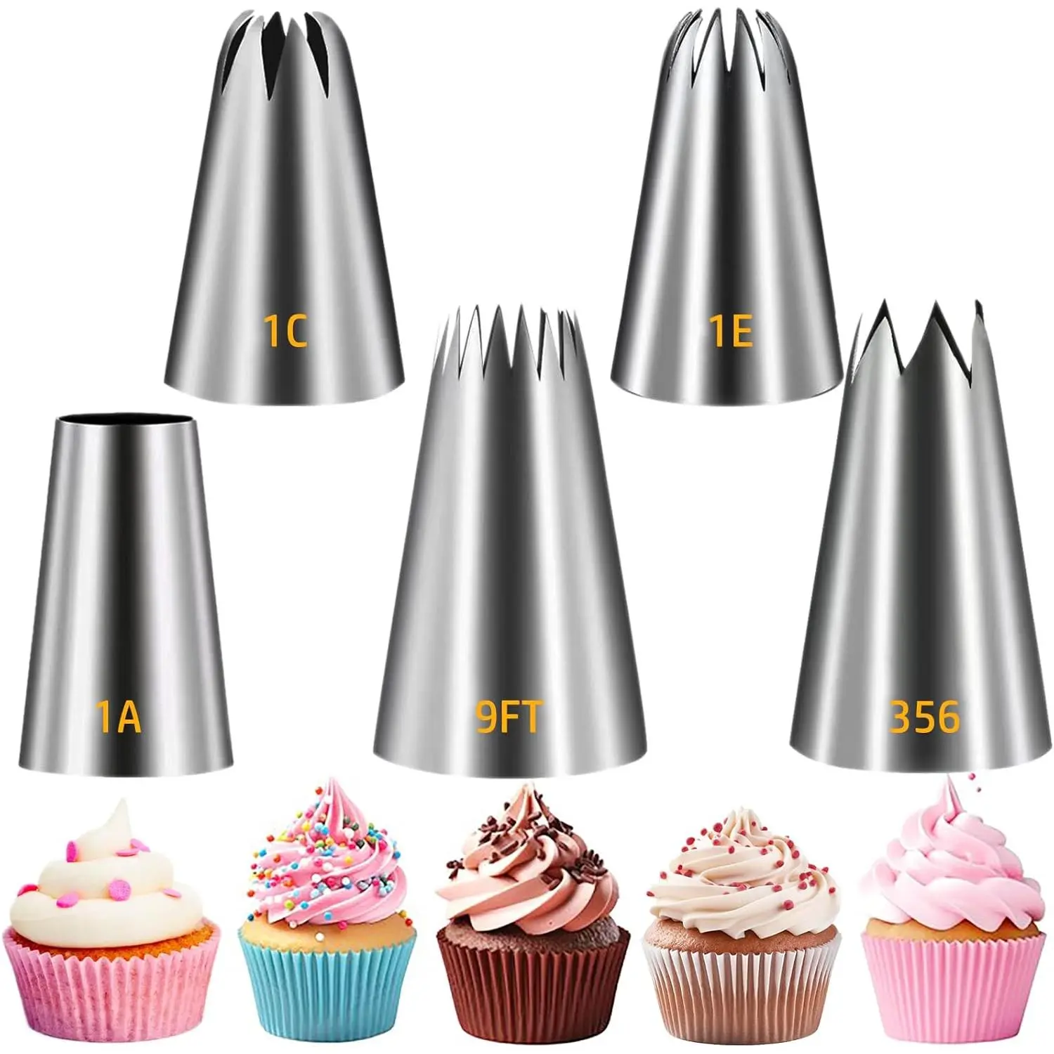 Large Piping Tips Set, Stainless Steel Cake Decorating Tips, 5 Pieces Frosting Icing Tips for Cake Decorating, Cupcakes, Cookie (1A 1E 1C 9FT 356) Bakeware Pastry