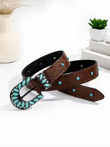 Boho Style Turquoise Textured Bead Decorated PU Buckle Belt, Elegant Belt Buckle, Vintage Western Style Belt for Women, Stylish Belts, Fashion Accessories for Daily Wear