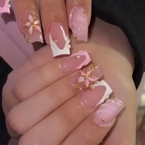 24pcs Square Medium-Length Fake Nails, Nude Base, Shell Texture, Flowers, French Tip, Reusable, Beginner-Friendly, Detachable Nails, Nail Tips Art, Nail Art Design