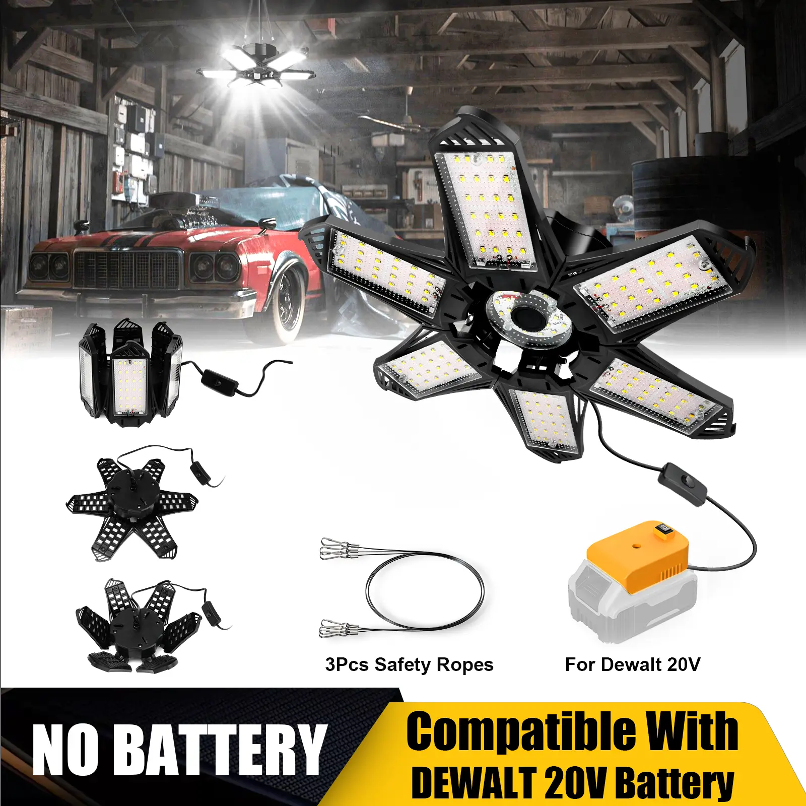 LED Garage Light for Dewalt 20V Battery, Battery NOT Included, 50W 5000LM Garage Lights with 6+1 Deformable Panels, Ceiling Lights for Garage Car Repa