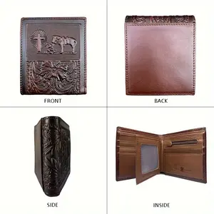 Men's Genuine Leather Wallet Western Cowboy Animal Embossed Full Grain Leather Short Bifold Wallet Card Holder, Perfect Gift for Men