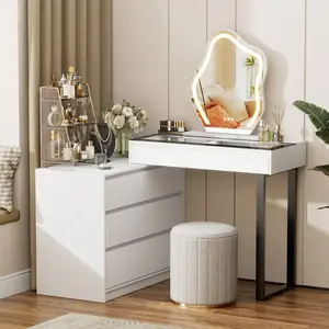 BROTTAR Corner Makeup Vanity Desk with Mirror and Lights, 58" Modern L-Shaped Vanity Table with Glass Top, Large Dressing Table with 2 Drawers & 3 Tier Dresser for Bedroom, White
