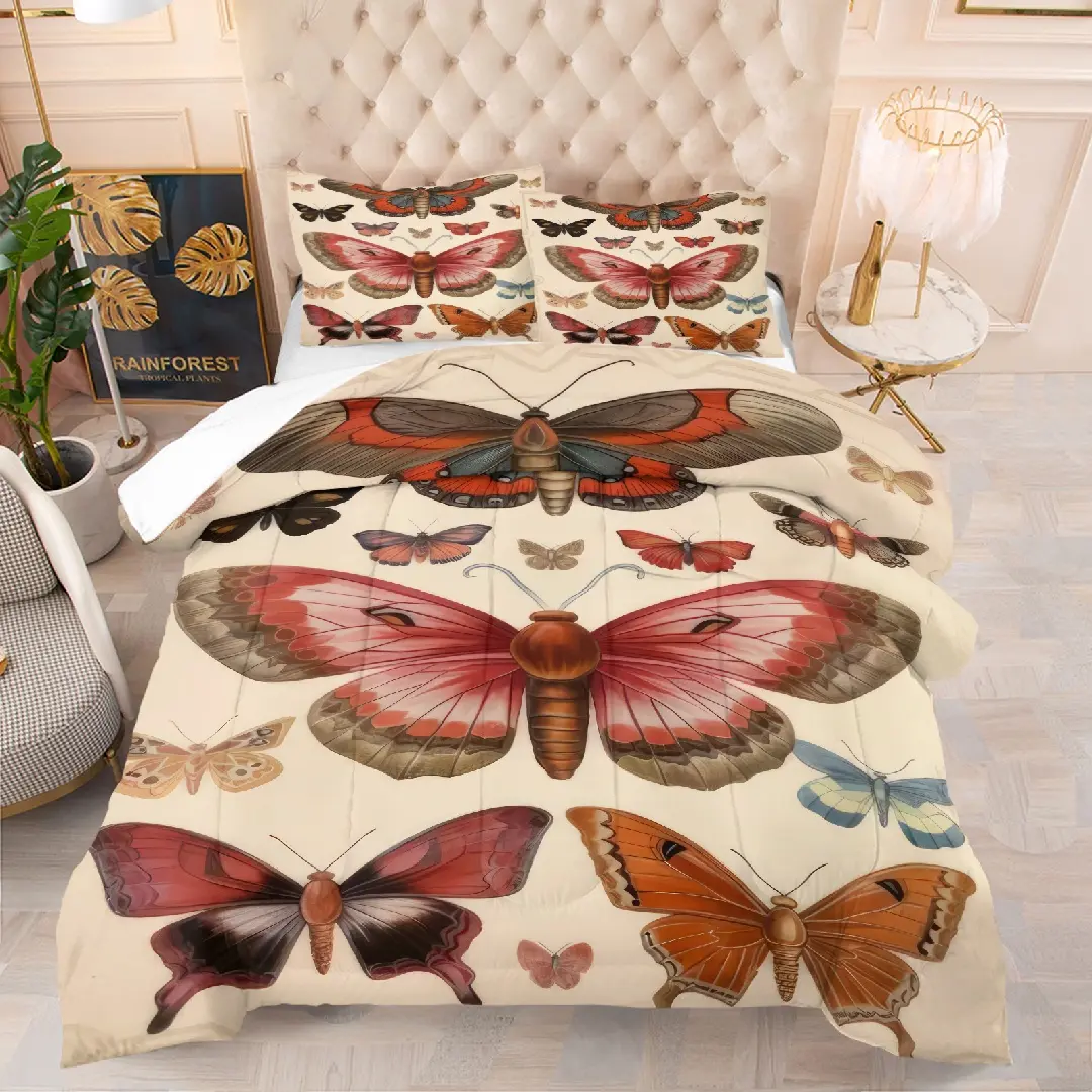 Butterfly flower pattern quilt, including 1 quilt and 1 or 2 core-free pillowcases, suitable for home or dormitory decoration, very suitable as a moving gift